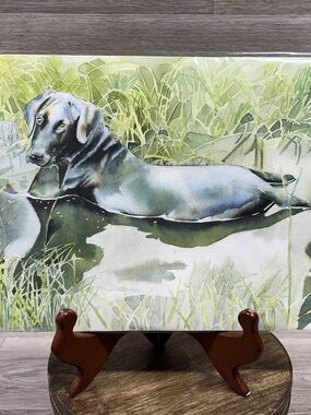 Vintage Watercolor Painting Print Black Lab Dog Water Swimming Pet Original Art